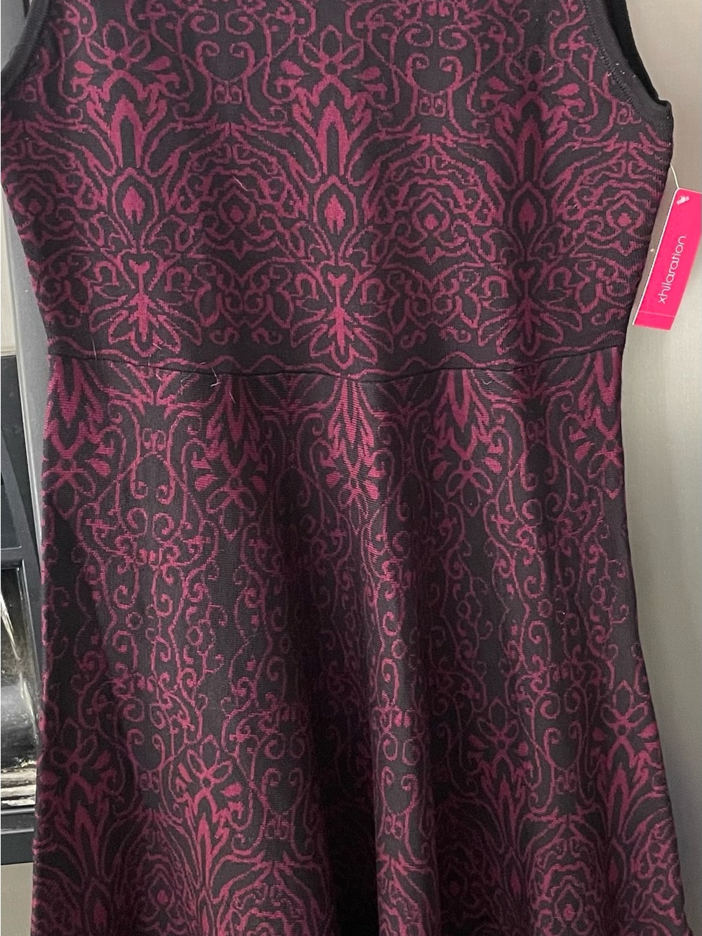 Xhilaration Black and Magenta Jacquard A-Line Skirt Dress